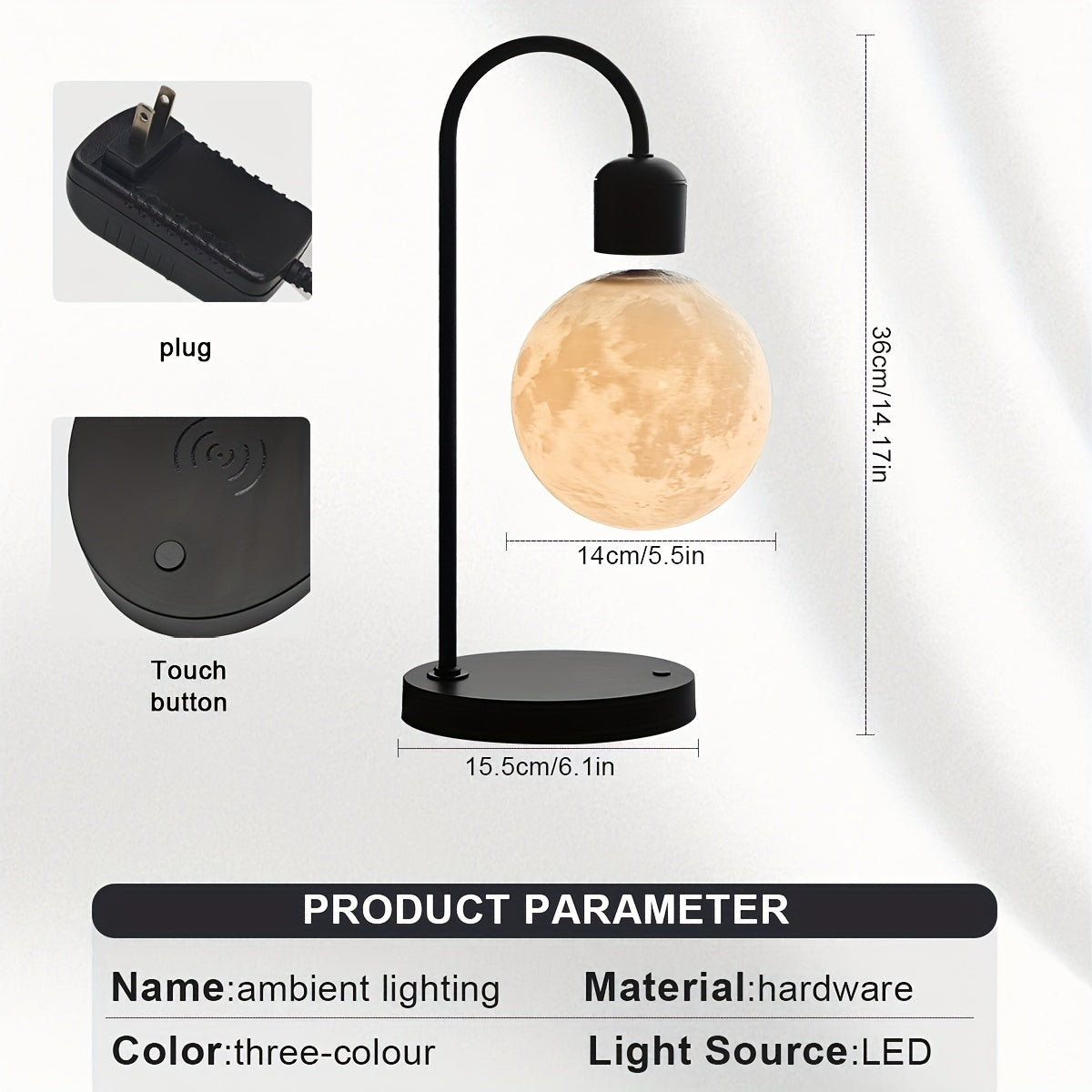 1pc Magnetic Floating Moon Lamp, Table Lamp, Desk Lamp, 15w Wireless Phone Charger, 3-color Adjustable