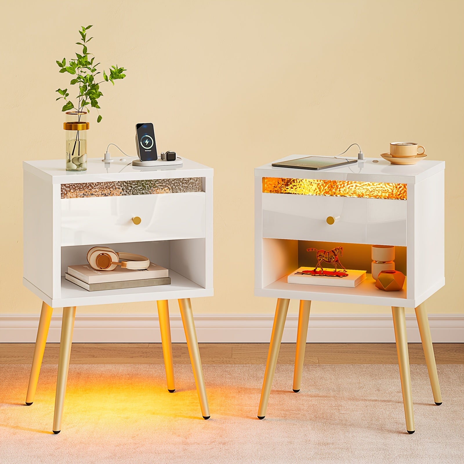 Pinmoco Set of 2 Nightstands with USB Charging Ports, Modern High Gloss Night Stand with LED Lights