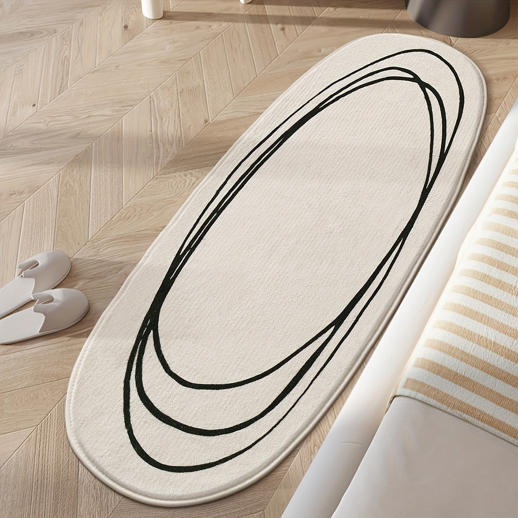 1pc DAJIANG Modern Abstract Oval Area Mat - Soft, Fluffy & Non-Slip Runner Mat with Striped and Solid Color Design for Bedroom