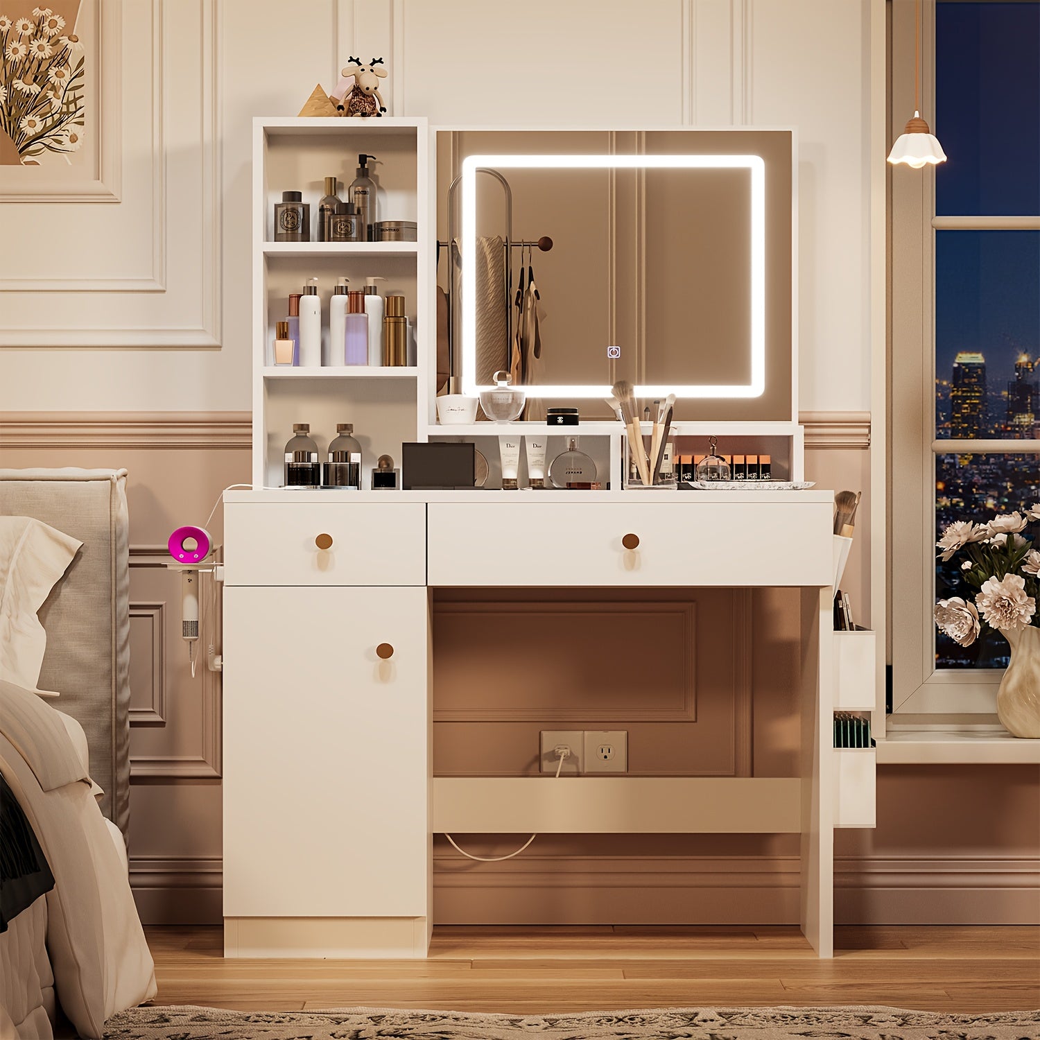 Makeup Vanity Desk With LED Lighted Mirror & Power Outlet, Vanity Table With Storage Cabinet