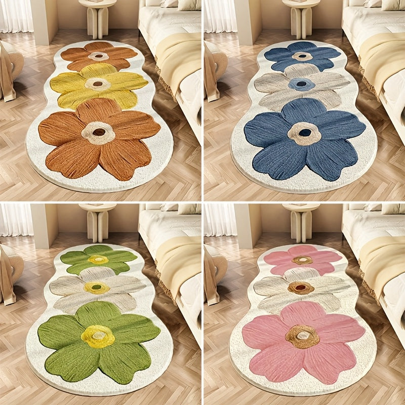 Luxury Soft Plush Mat - 10mm Navy Blue Beige Brown Floral Mat with Non-Slip Backing, Soft Fluffy Mat At The Bedside