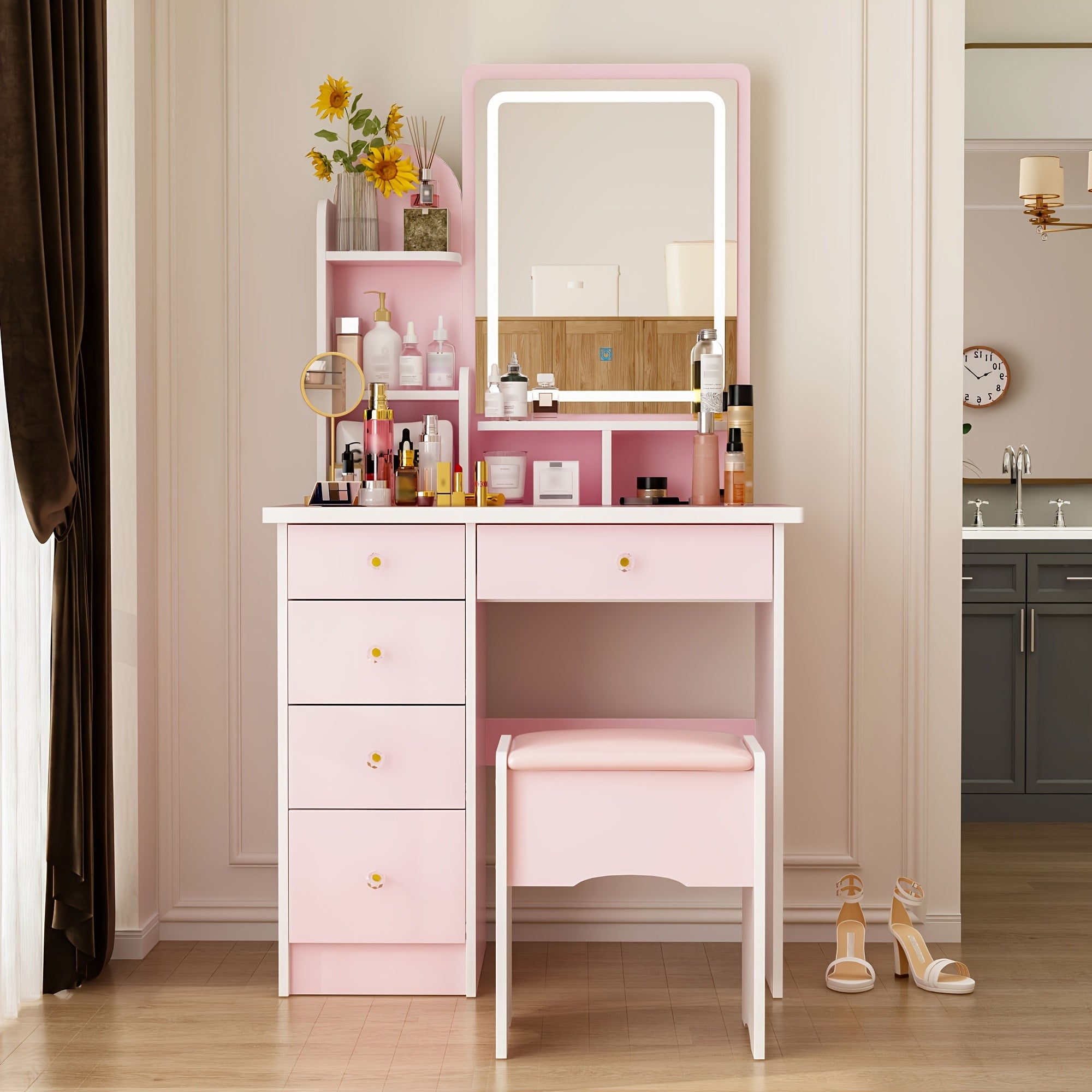 Modern Vanity with Mirrors Modern Vanity with Mirrors, 5 Drawers, Shelves and Chair