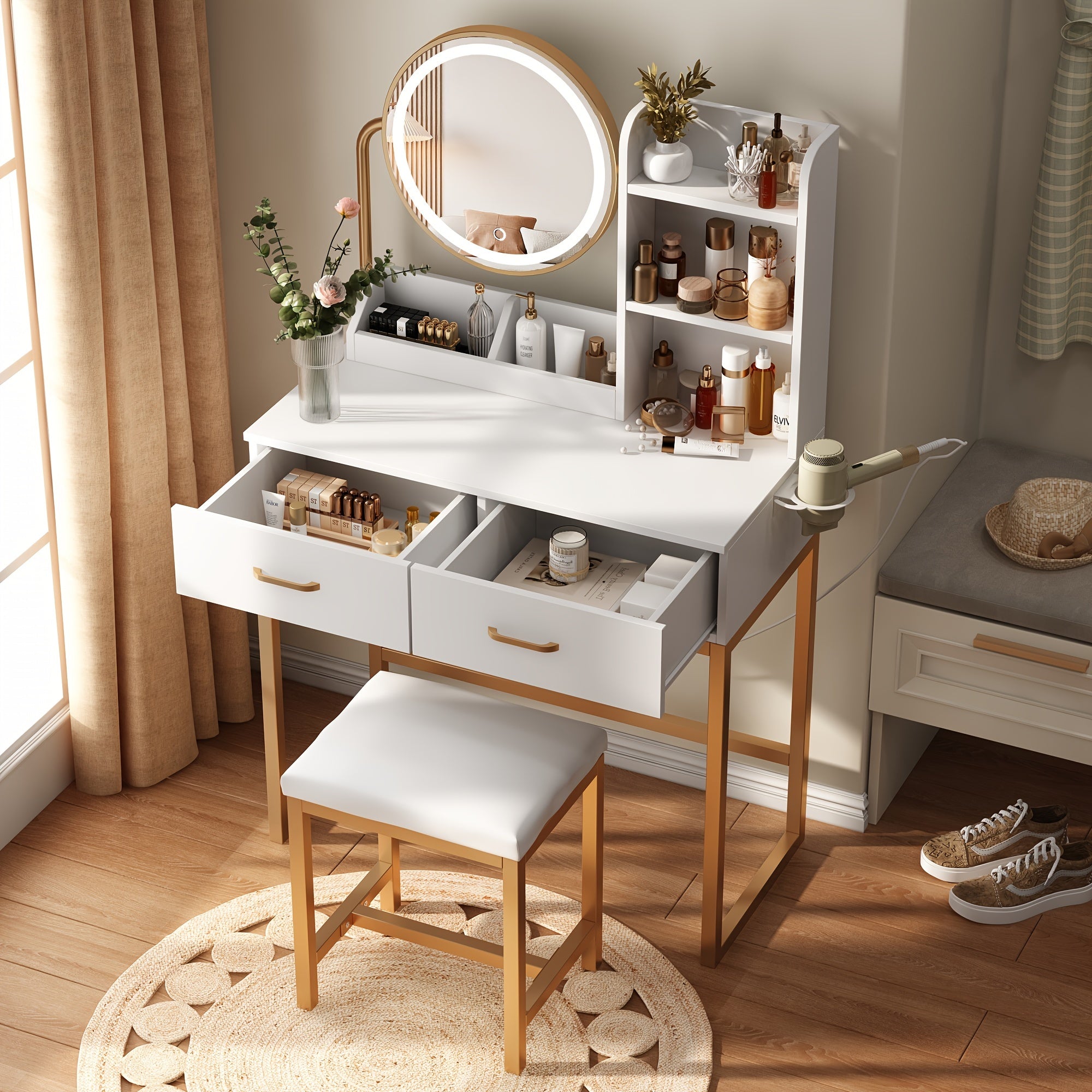 Vanity Desk with Mirror And Lights, Makeup Vanity Table Set with Storage Stool & Charging Station