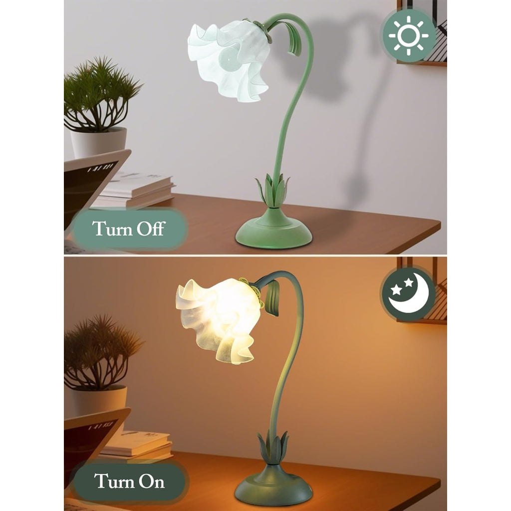 Vintage Modern Flower Table Lamp with LED Bedside Light - 3 Lighting Modes, Green Base & Soft Shade