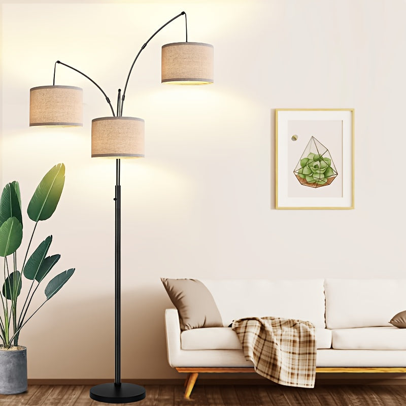 3-Light Modern LED Floor Lamp with Adjustable Arc Arms & Hanging Drum Shades - Black Metal Standing Light