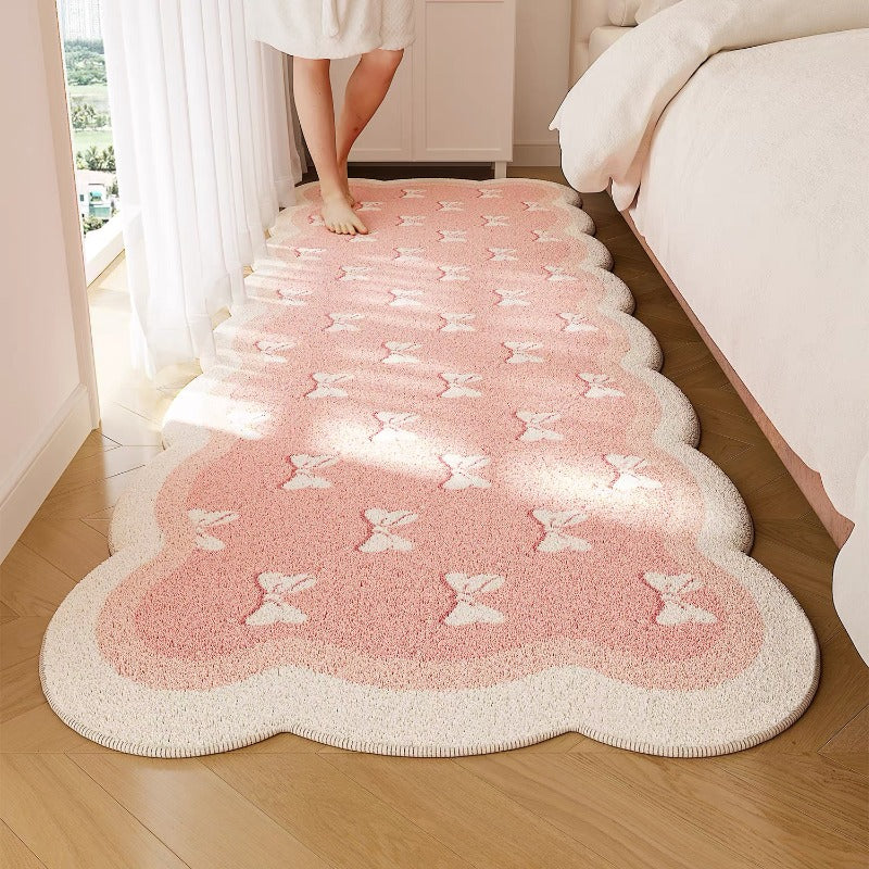1pc Extra Long Soft Plush Mat - Pastel Pink Floor Mat with Bow Accent, Large Irregular Shape Bedside Mat for Bedroom, Living Room