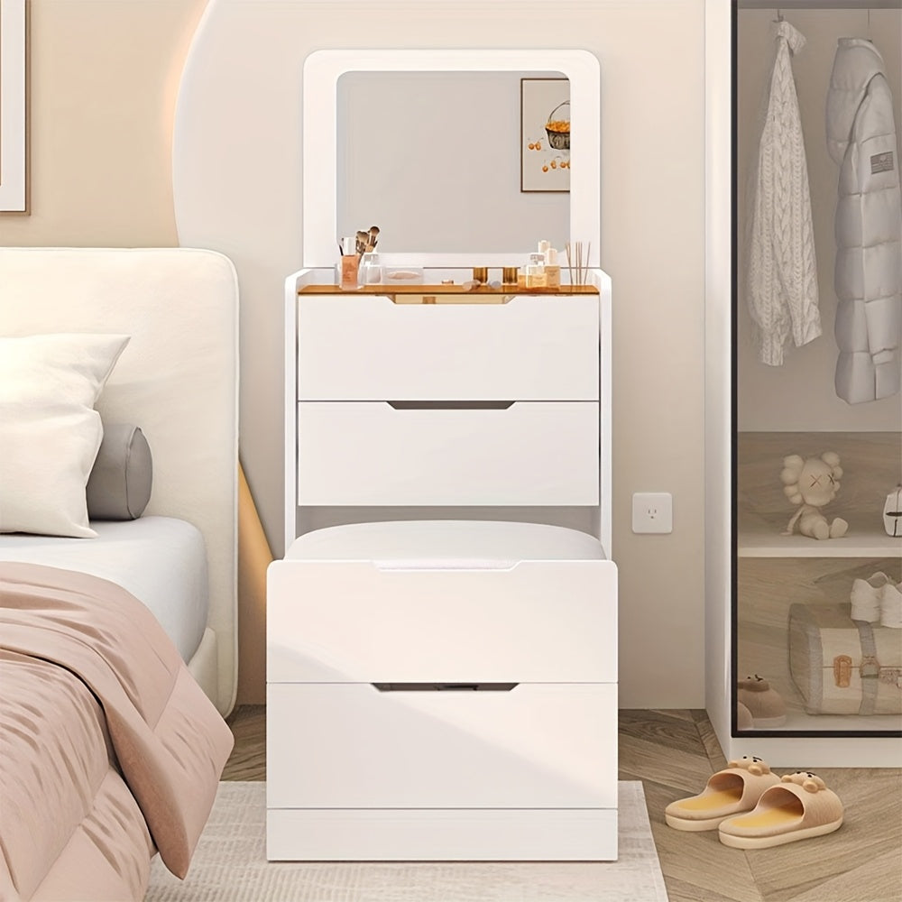 3-in-1 Vanity Desk with Mirror And Lights, Small Vanity Desk Set with Visible Glass Tabletop, 3 Drawers, Storage Bench