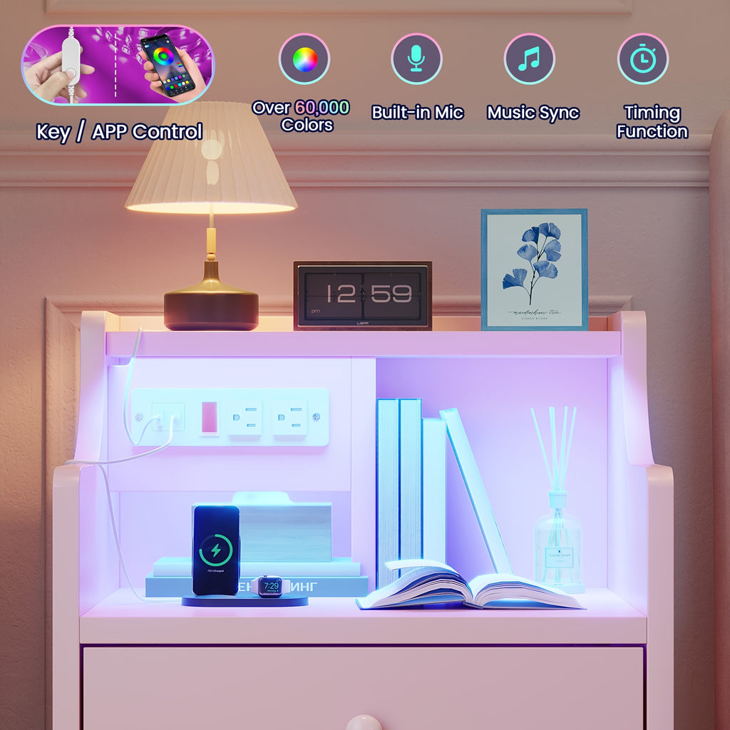 Three Drawer Pink Nightstand with Charging Station