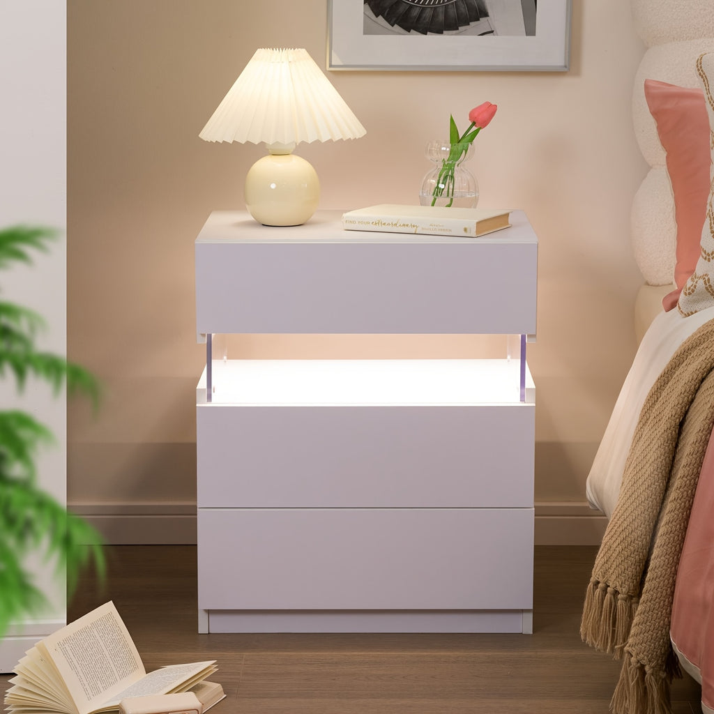 Modern LED Bedside Table with 2 Drawers - White Wooden Nightstand, 3.2+ Cubic Feet Storage, 27\