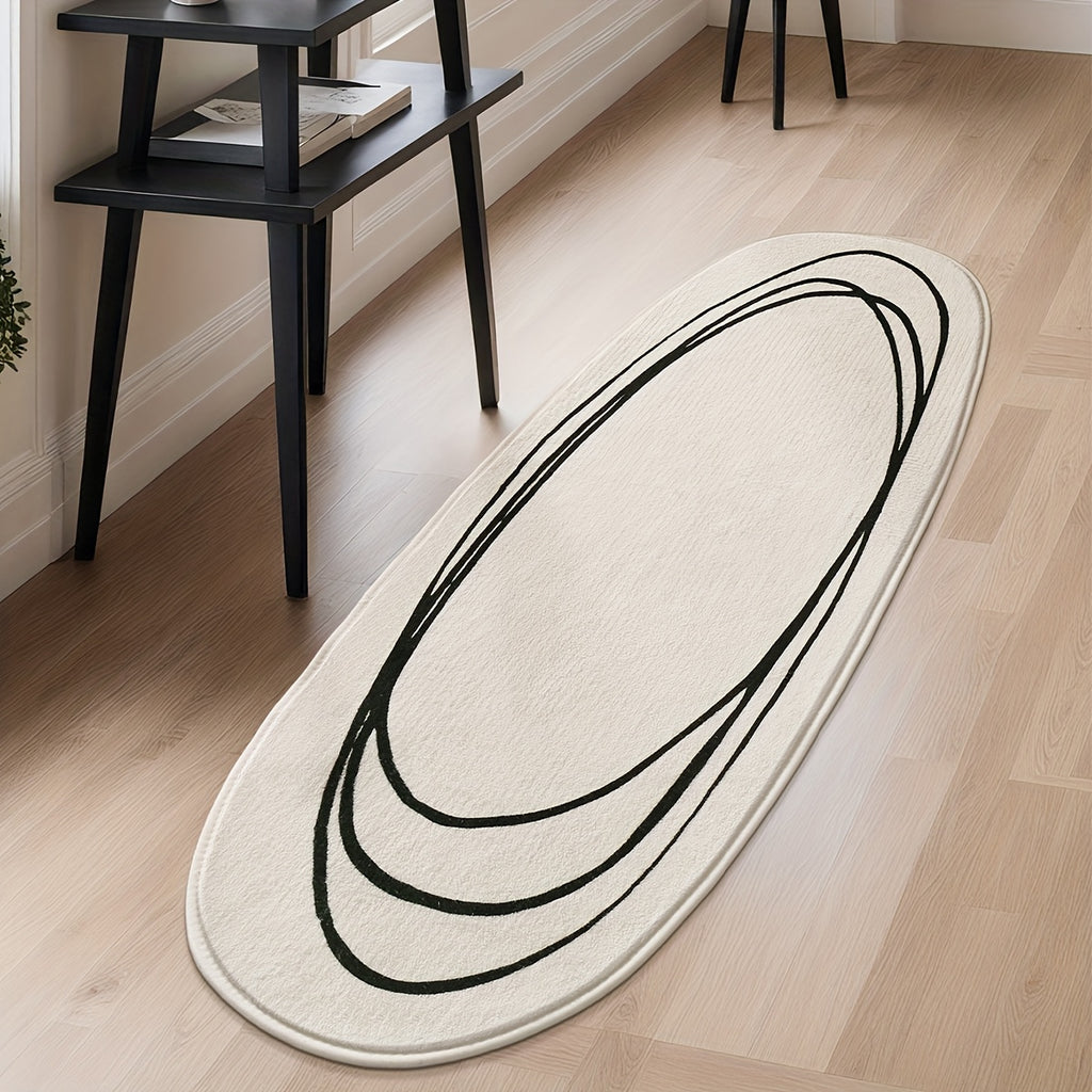 1pc DAJIANG Modern Abstract Oval Area Mat - Soft, Fluffy & Non-Slip Runner Mat with Striped and Solid Color Design for Bedroom
