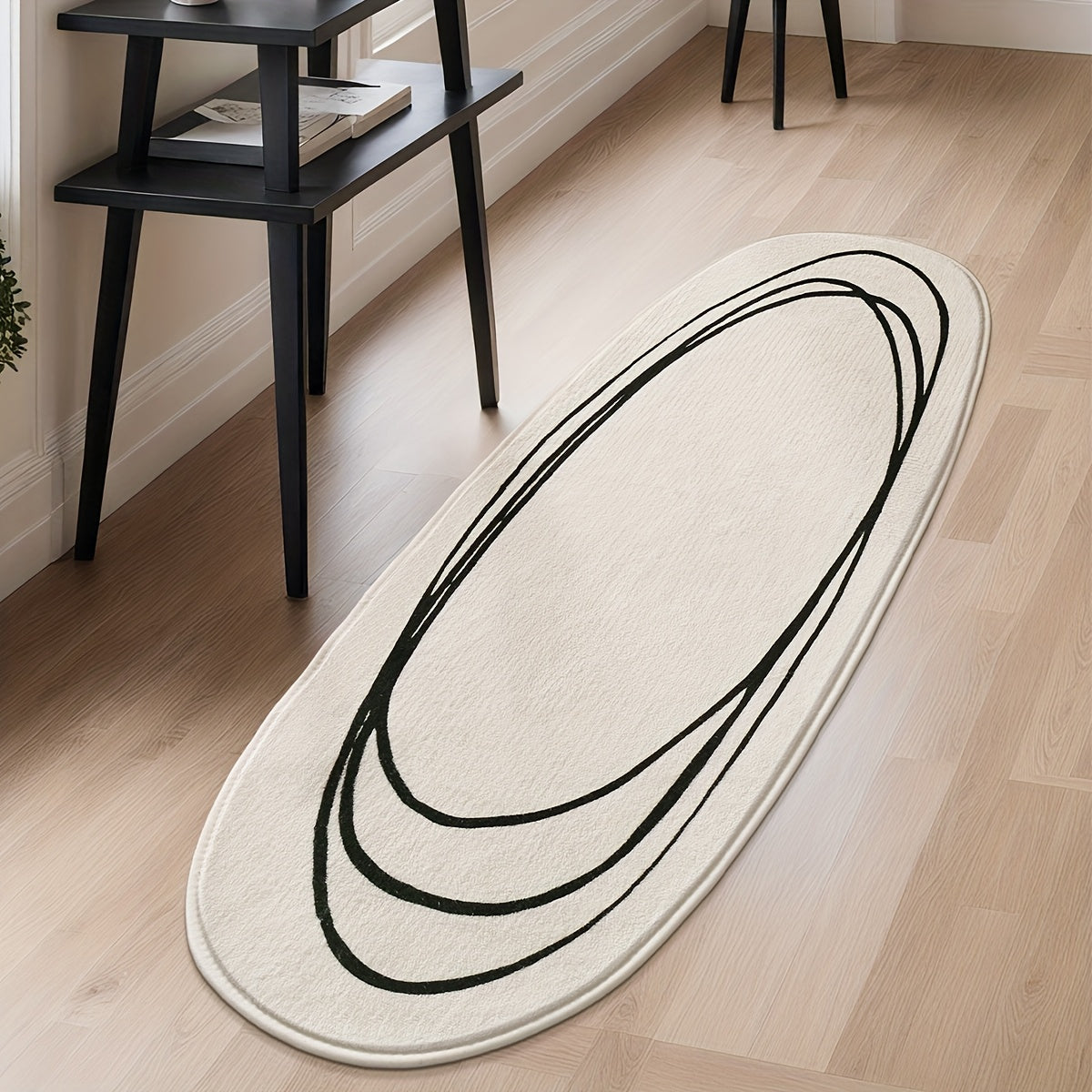 1pc DAJIANG Modern Abstract Oval Area Mat - Soft, Fluffy & Non-Slip Runner Mat with Striped and Solid Color Design for Bedroom
