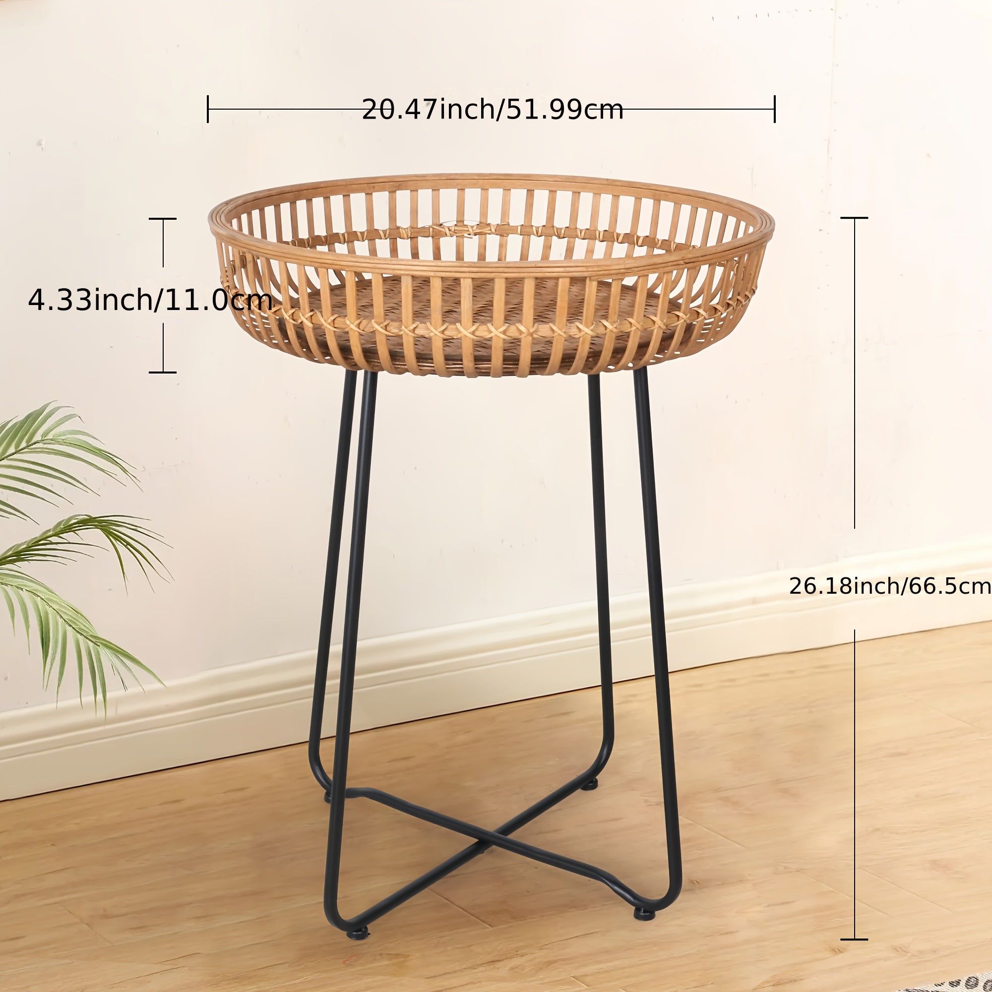 Oakrian Rattan Side Table Nesting Tables Set Of 2, Bamboo Round Table Coffee Table Metal Base End Table for Boho Living Room