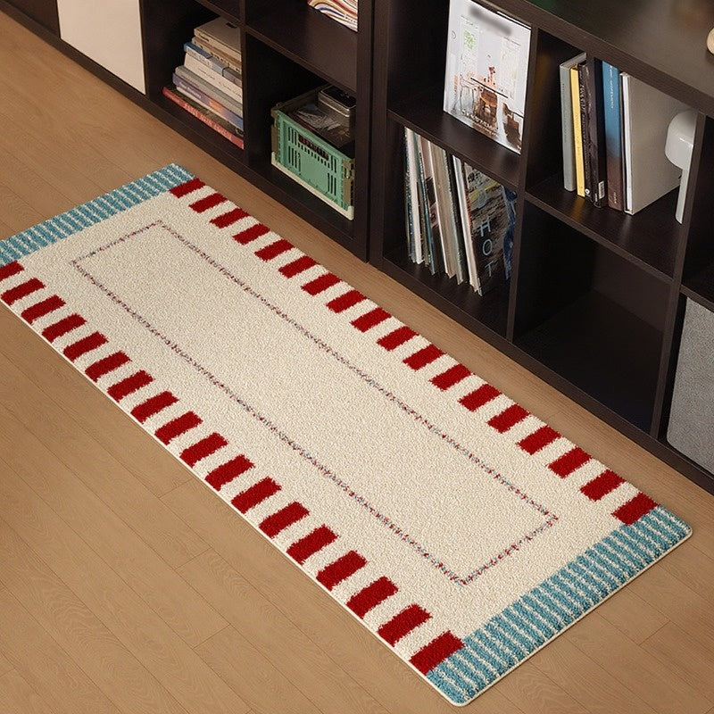 1pc Memphis Runner Mat - Extra Thick 10mm Plush Mat with Non-Slip Backing, Soft Beige, Red