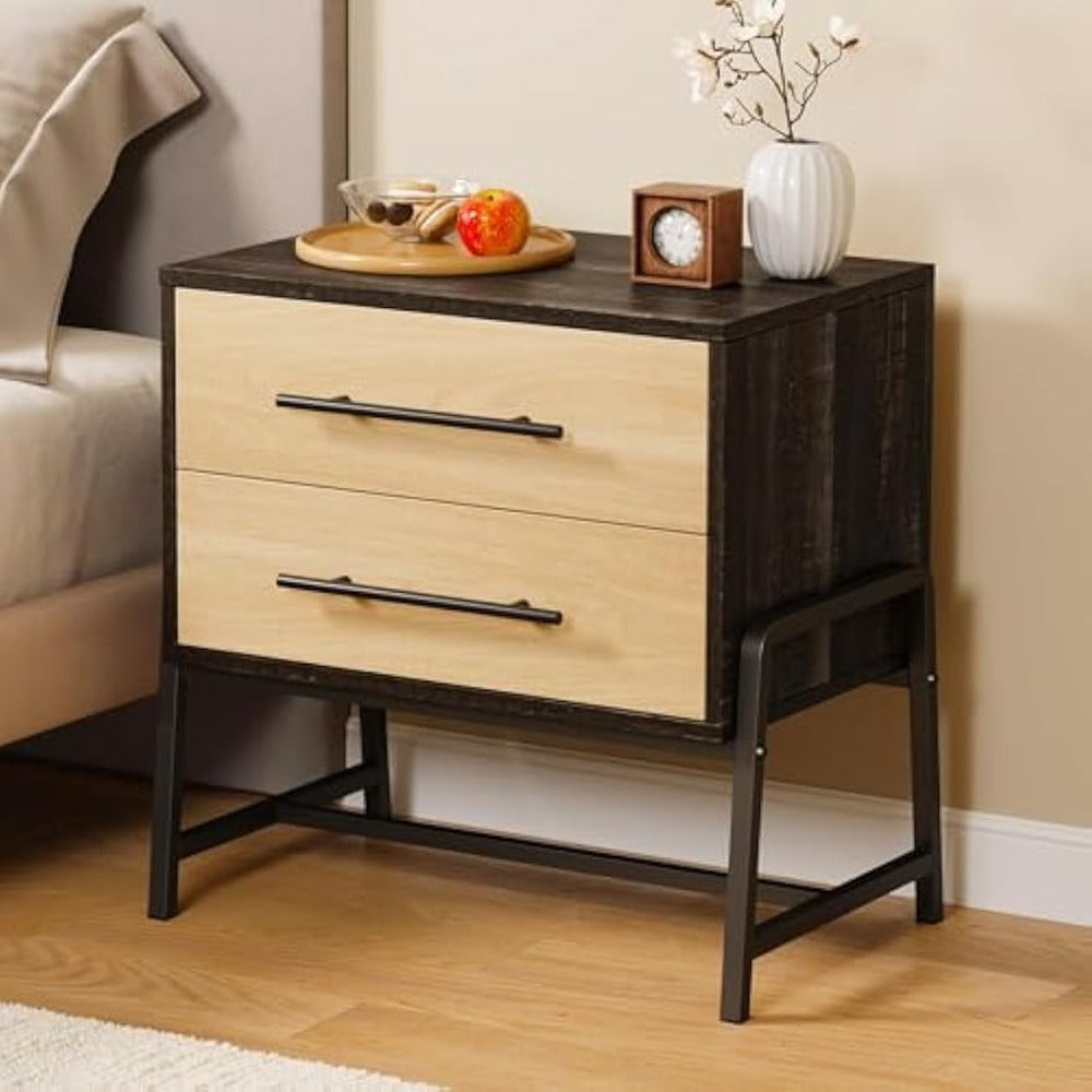 Farmhouse Nightstand with Drawer - Light Brown Bedside Table, Heavy-Duty Metal Legs, Easy Assembly