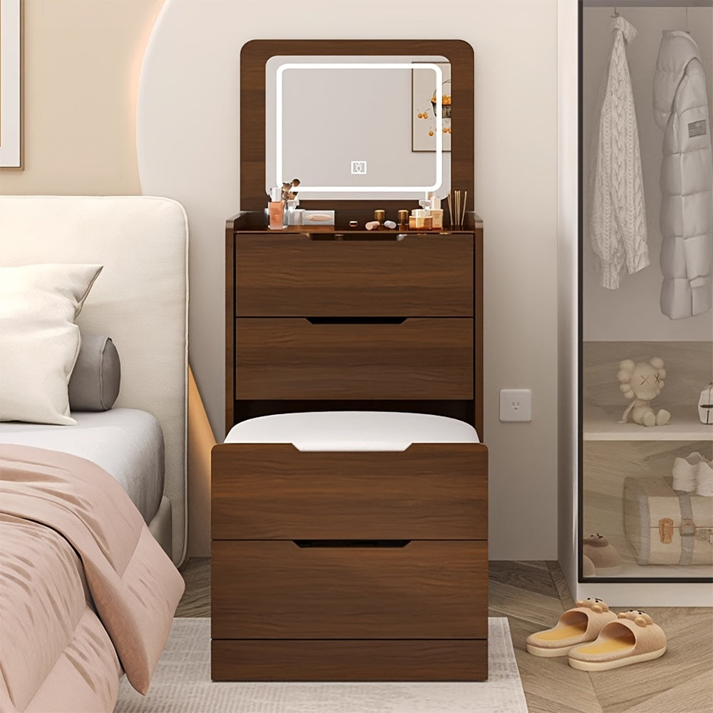 3-in-1 Vanity Desk with Mirror And Lights, Small Vanity Desk Set with Visible Glass Tabletop, 3 Drawers, Storage Bench