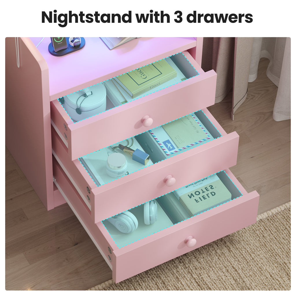 Three Drawer Pink Nightstand with Charging Station