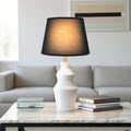 Modern Farmhouse Table Lamp with White Cement Base & Black Linen Shade - Rustic Single Bedside Lamp with Switch