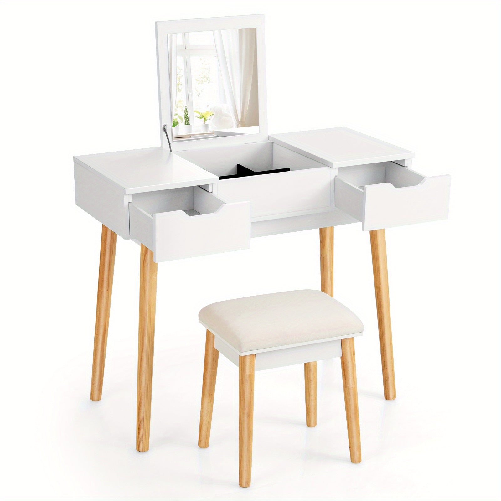 LIFEZEAL Vanity Table Set w\u002F Flip Top Mirror Drawers 9 Dividers Makeup Writing Desk White