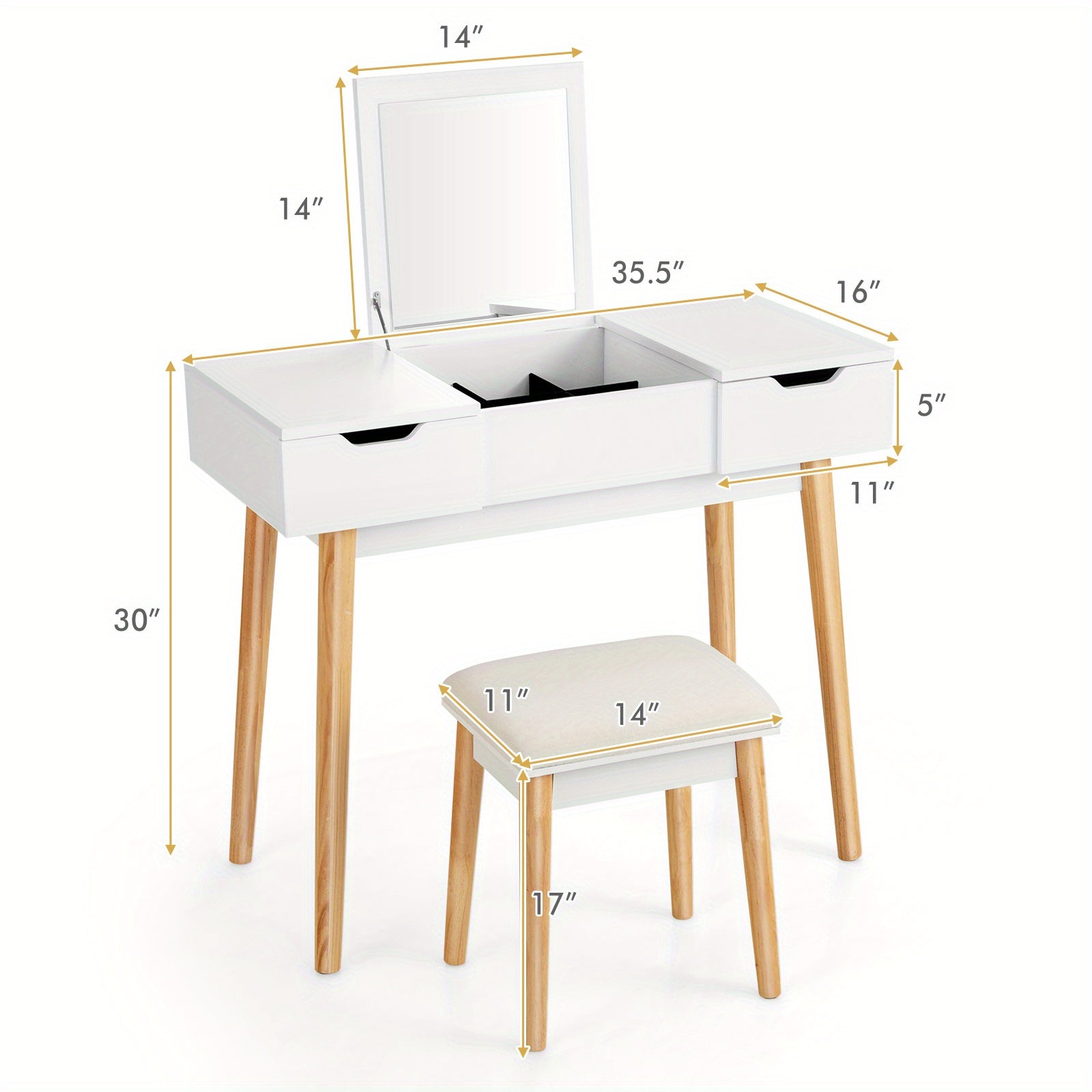 LIFEZEAL Vanity Table Set w\u002F Flip Top Mirror Drawers 9 Dividers Makeup Writing Desk White