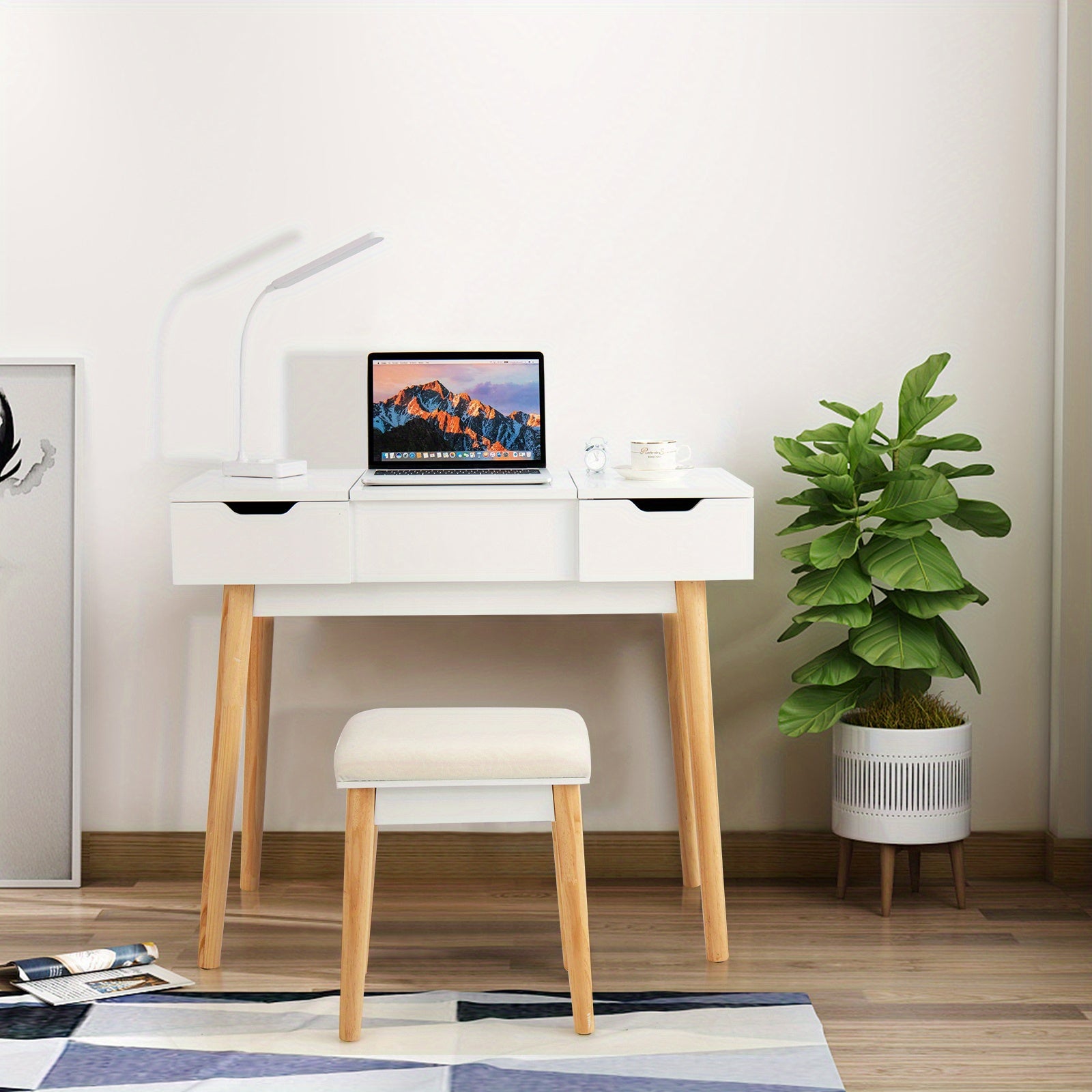 LIFEZEAL Vanity Table Set w\u002F Flip Top Mirror Drawers 9 Dividers Makeup Writing Desk White