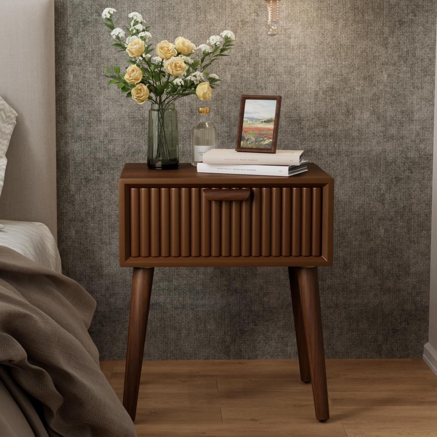 Modern End Table W Striped Pattern, Mid-Century Nightstand W Storage Drawer, Small Wood Accent End Table for Bedroom, Living Room