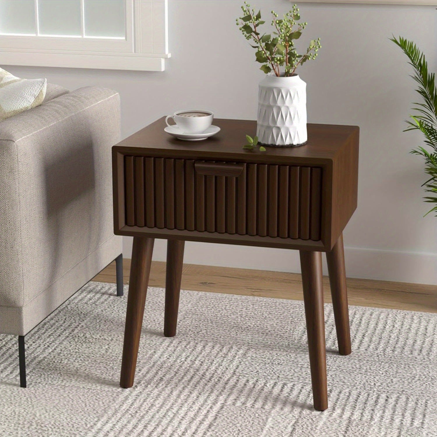 Modern End Table W Striped Pattern, Mid-Century Nightstand W Storage Drawer, Small Wood Accent End Table for Bedroom, Living Room