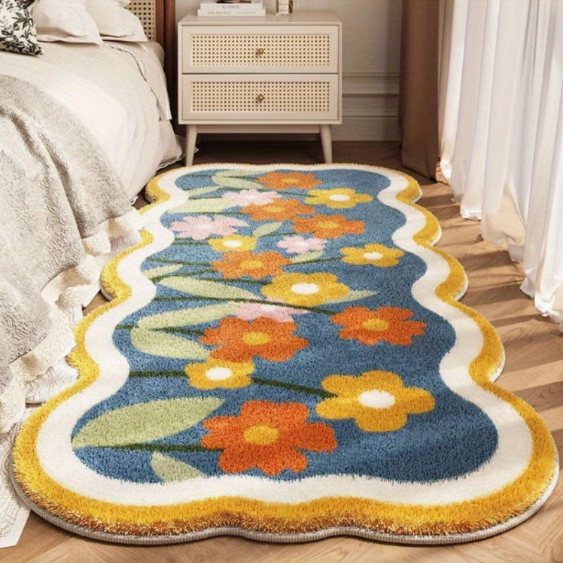 1pc, Romantic Cream Style Small Wave Cartoon Flower Bedroom Rug 10mm Thick Plush Soft Carpet Room Living Room Home Rug