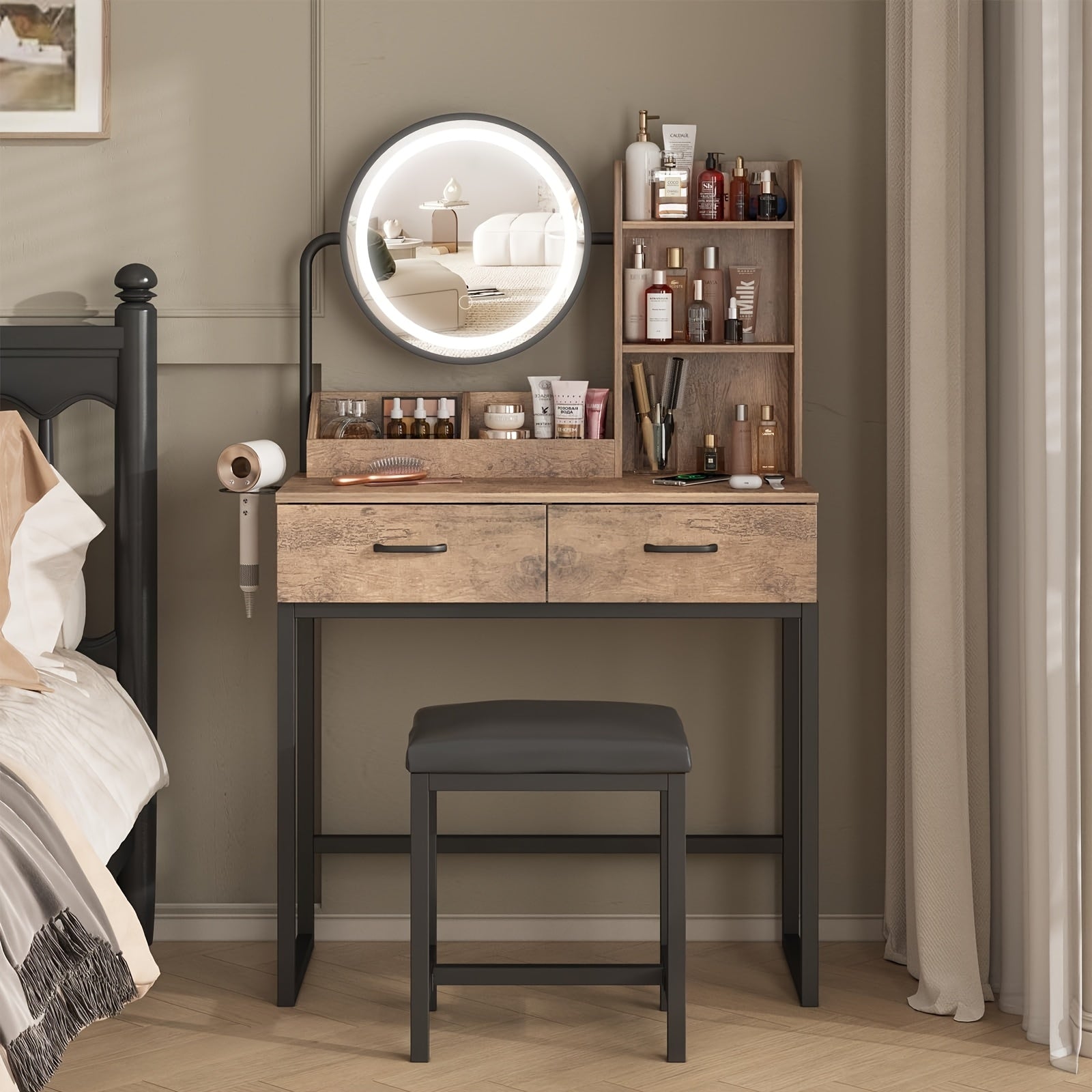 Vanity Desk with Mirror And Lights, Makeup Vanity Table Set with Storage Stool & Charging Station