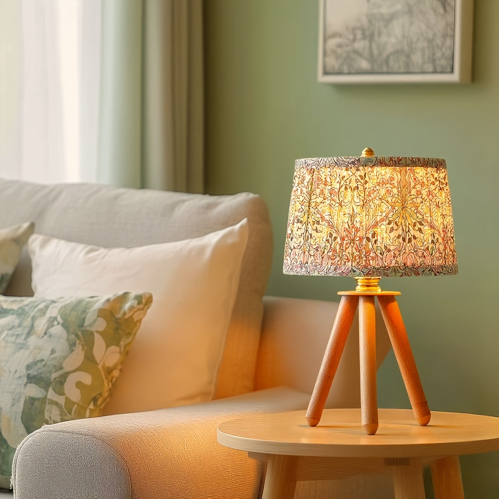 14 Inch Wooden Tripod Table Lamp with Green Ditsy Floral Shade - Cute Boho Nightstand Lamp for Girls Bedroom