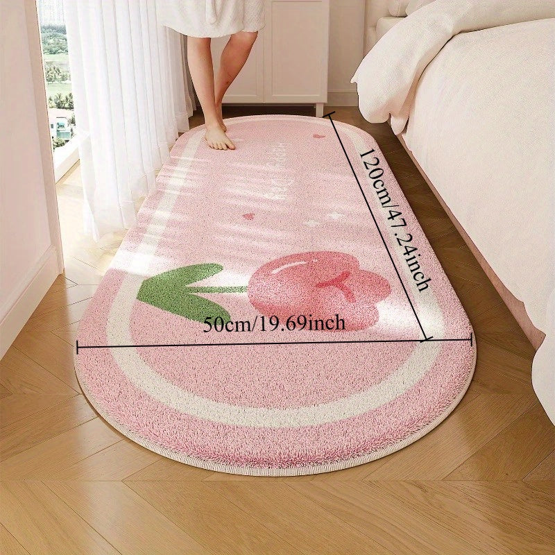 French Cream Style Bedroom Decorative Bedside Mat, 1000g Faux Cashmere + 10mm Thick, Cute Pink Floral Living Room Plush Mat