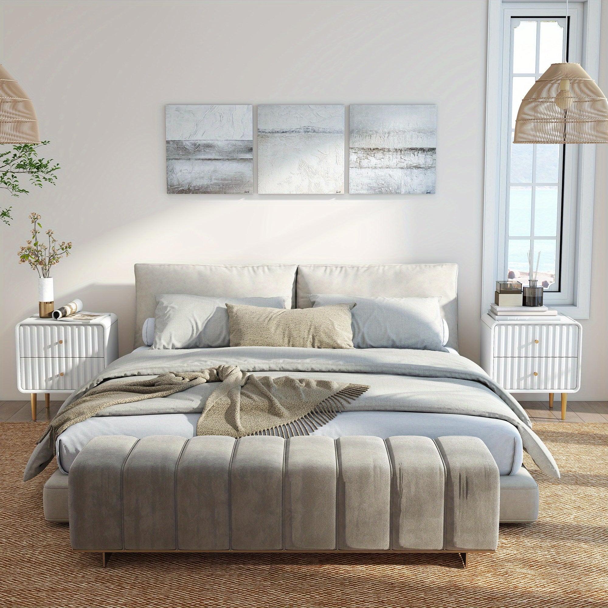 Modern Nightstand, Fluted Bed Side Table with 2 Drawers Storage, Wood End Table with Golden Metal Handle, Night Stands for Bedroom