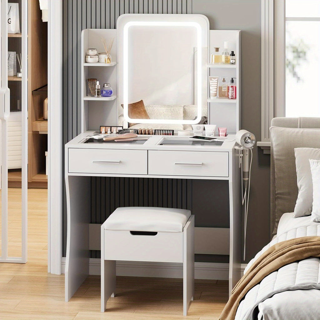 Vanity Desk with Mirror and Lights, Small Vanity Table for Bedroom with Lots Storage, Cute Vanity Makeup Table, 3 Lighting Modes