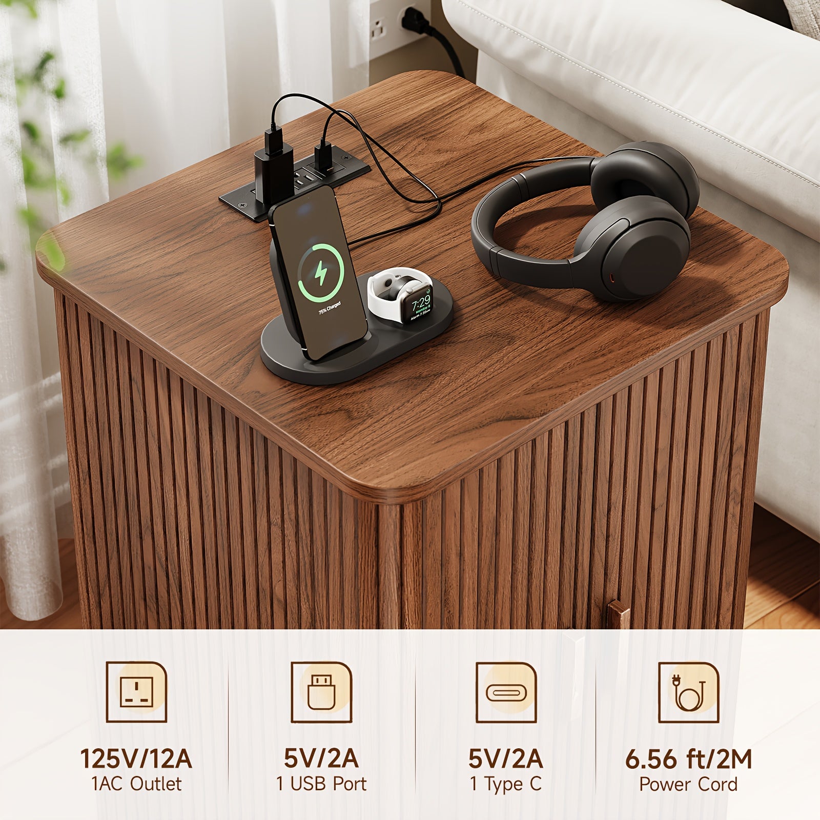 Square End Table with Storage And Charging Station, Side Table with Sliding Door And Sturdy Pedestal