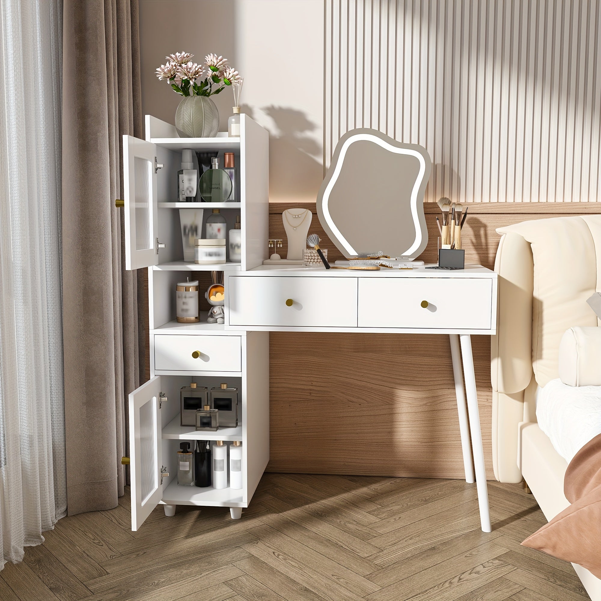 Montary Bedroom Dressing Table, Mirror With LED Light, 3 Storage Drawers, 2 Open Storage Shelves And 4 Cabinets With Transparent Doors
