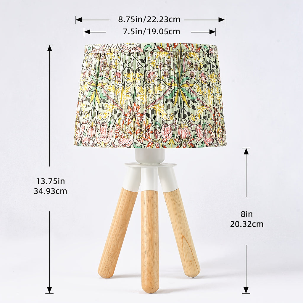 14 Inch Wooden Tripod Table Lamp with Green Ditsy Floral Shade - Cute Boho Nightstand Lamp for Girls Bedroom