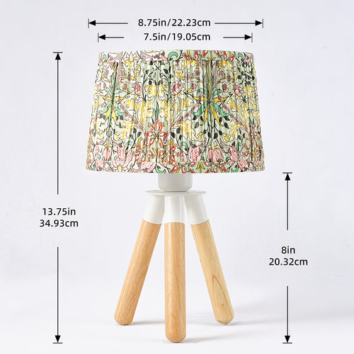 14 Inch Wooden Tripod Table Lamp with Green Ditsy Floral Shade - Cute Boho Nightstand Lamp for Girls Bedroom