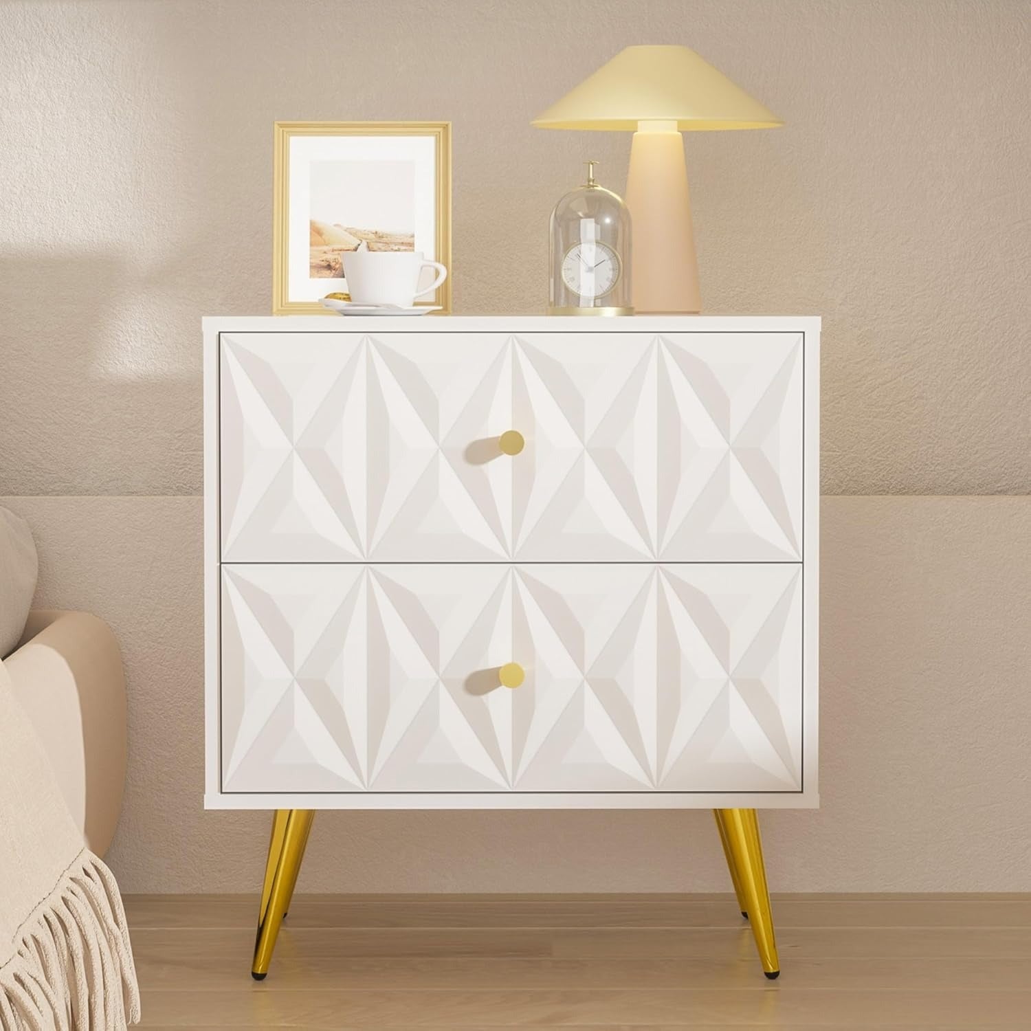 Nightstand, Nightstands with 2 Diamond Pattern Drawers, Modern End Table Side Table with Golden Handle & Legs
