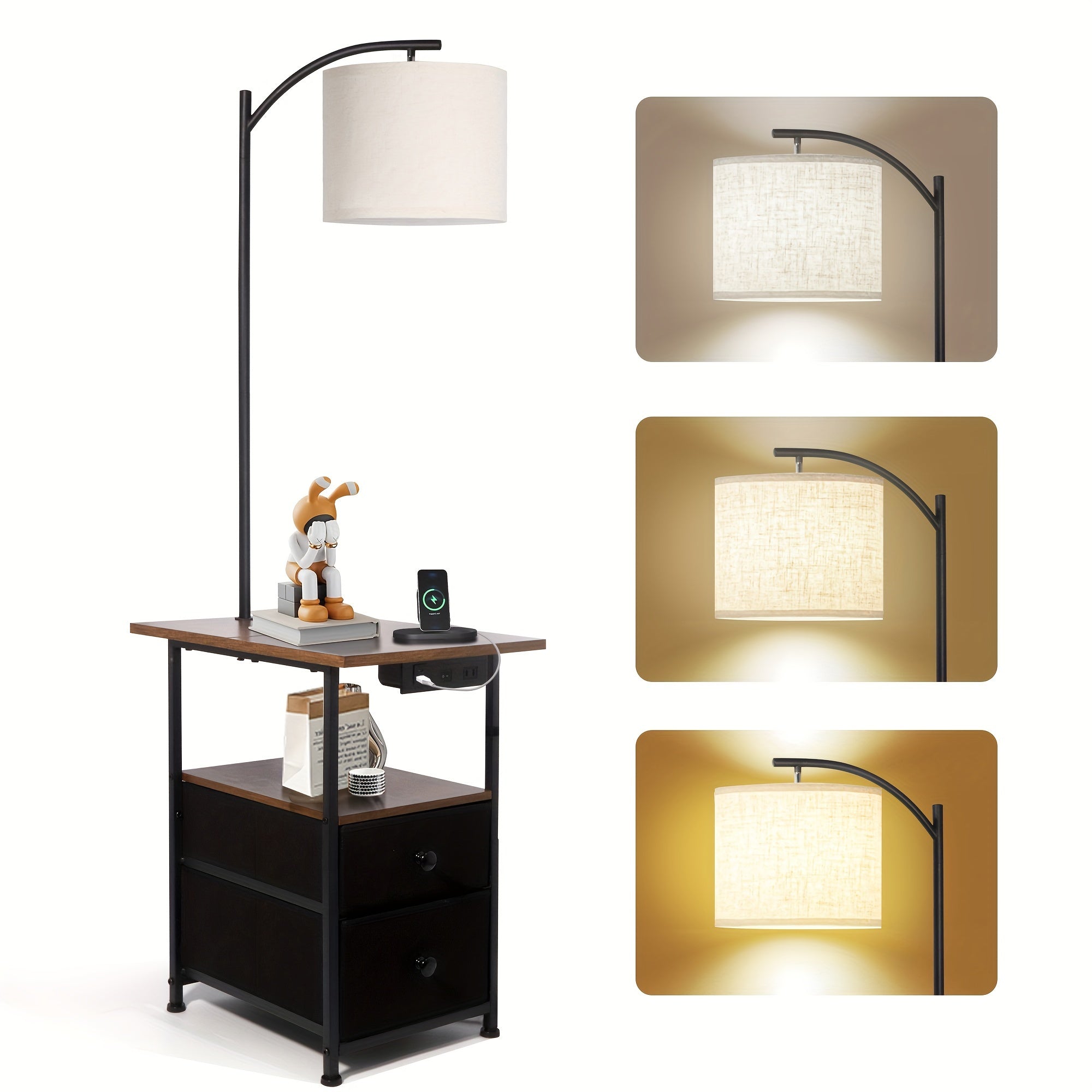 Floor Lamp with Shelves, End Table with 3 Color Temperature, with USB & Type C & AC Charging Port for Living Room, Bedroom