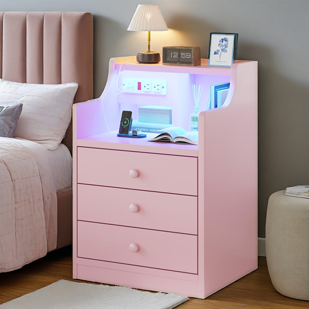 Three Drawer Pink Nightstand with Charging Station