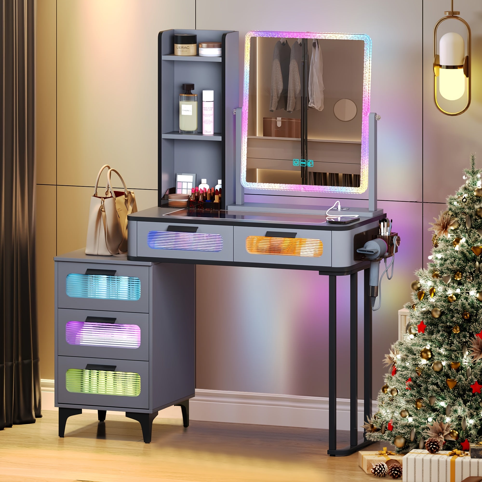 Grey Vanity Desk With Mirror & Lights, Glam Glass Top Makeup Desk With Hidden&Open Storage Shelves