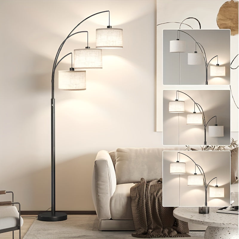 3-Light Modern LED Floor Lamp with Adjustable Arc Arms & Hanging Drum Shades - Black Metal Standing Light