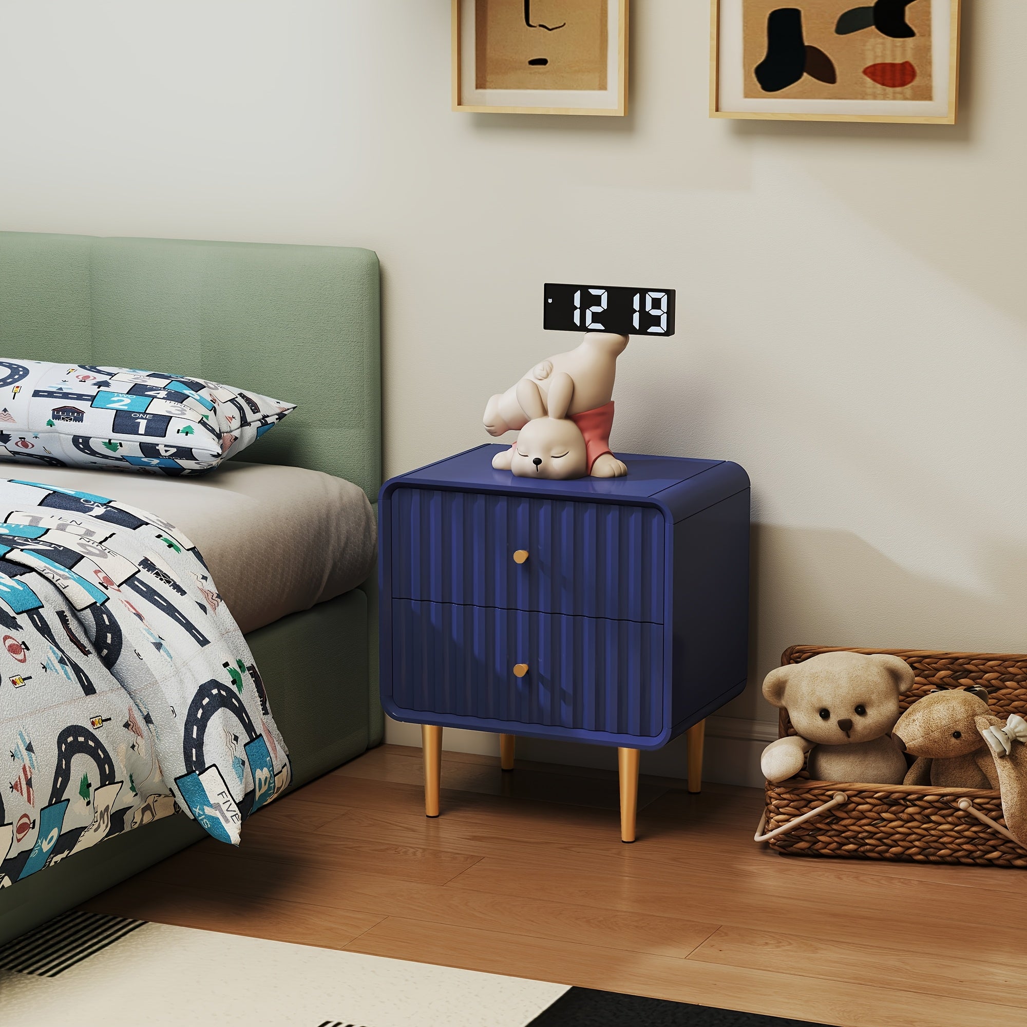 Blue Modern Nightstand, Fluted Bed Side Table With 2 Drawers Storage, Wood End Table With Golden Metal Handle, Night Stands For Bedroom