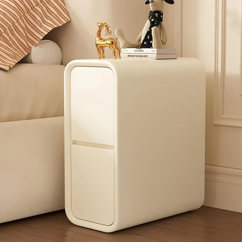 Modern Narrow Faux Leather Nightstand with Solid Wood Drawer - Cream White Bedside Table