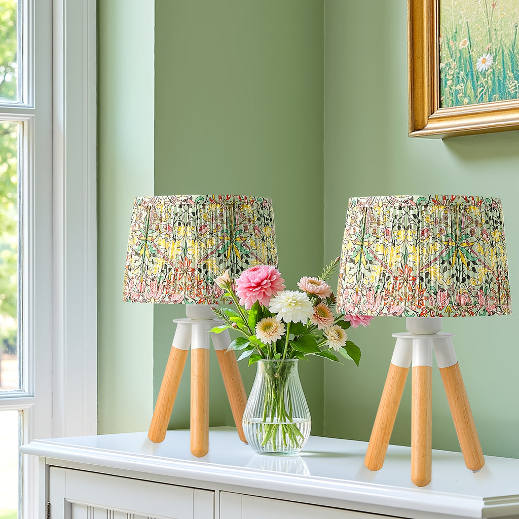 14 Inch Wooden Tripod Table Lamp with Green Ditsy Floral Shade - Cute Boho Nightstand Lamp for Girls Bedroom
