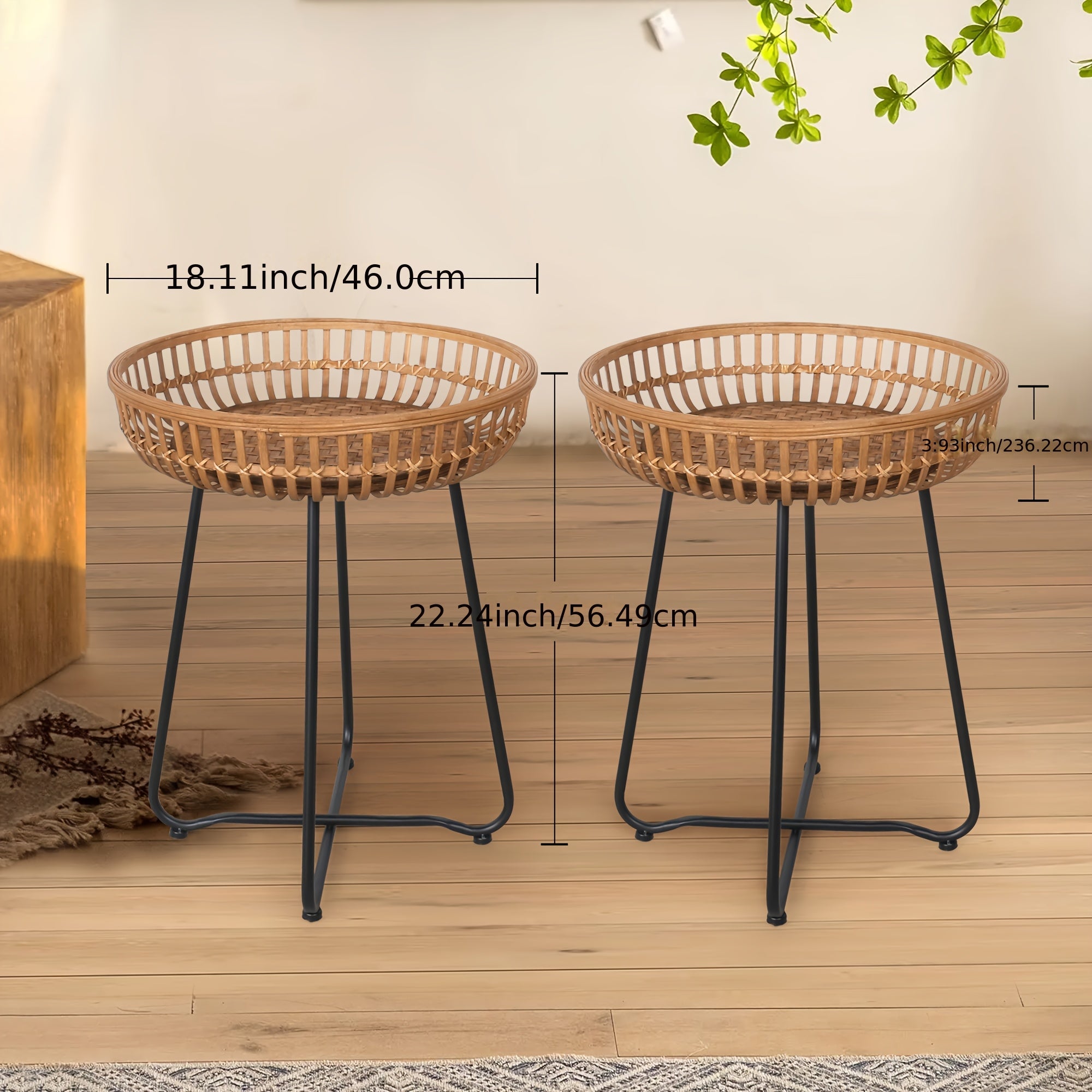 Oakrian Rattan Side Table Nesting Tables Set Of 2, Bamboo Round Table Coffee Table Metal Base End Table for Boho Living Room