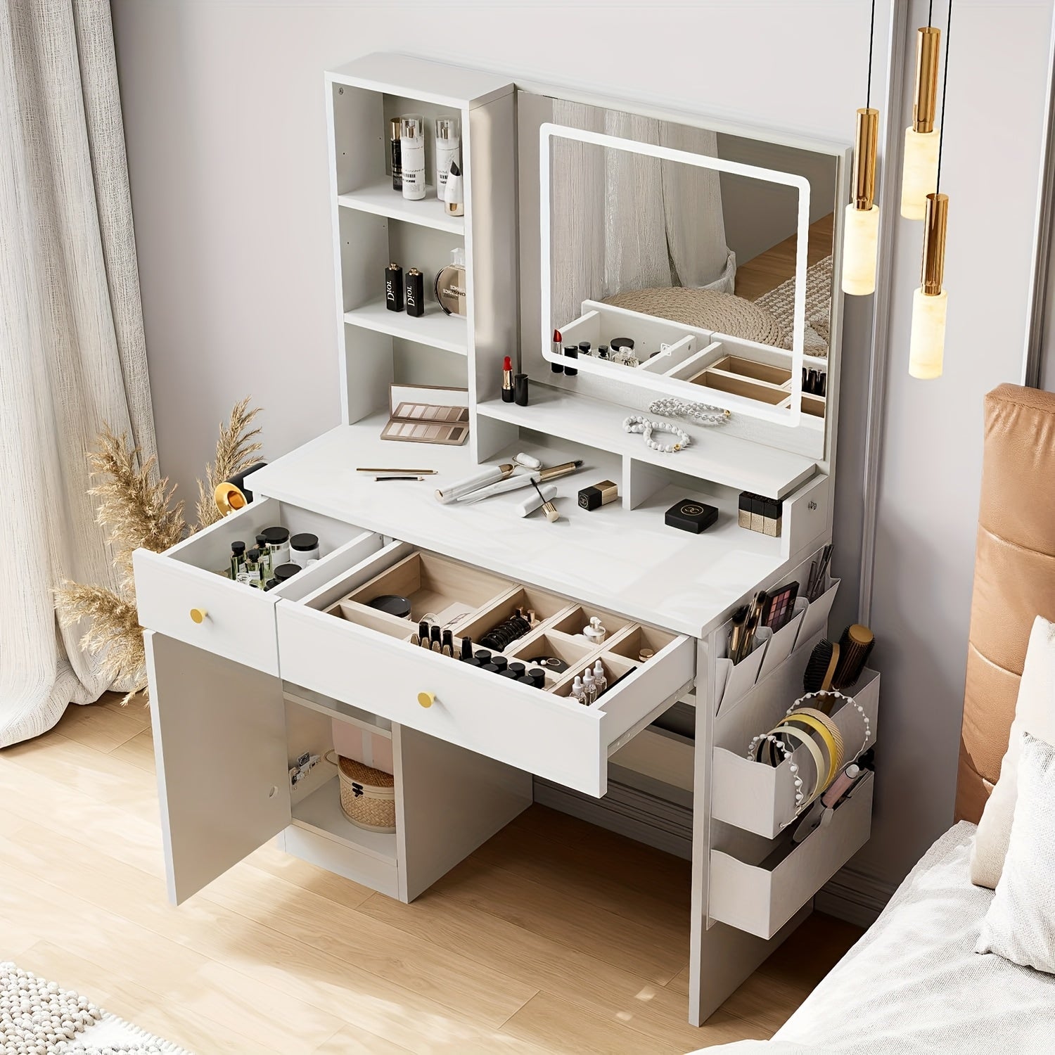 Oneinmil Vanity Table with LED Lights & Mirror - White Makeup Desk with Storage Drawers, Side Bag