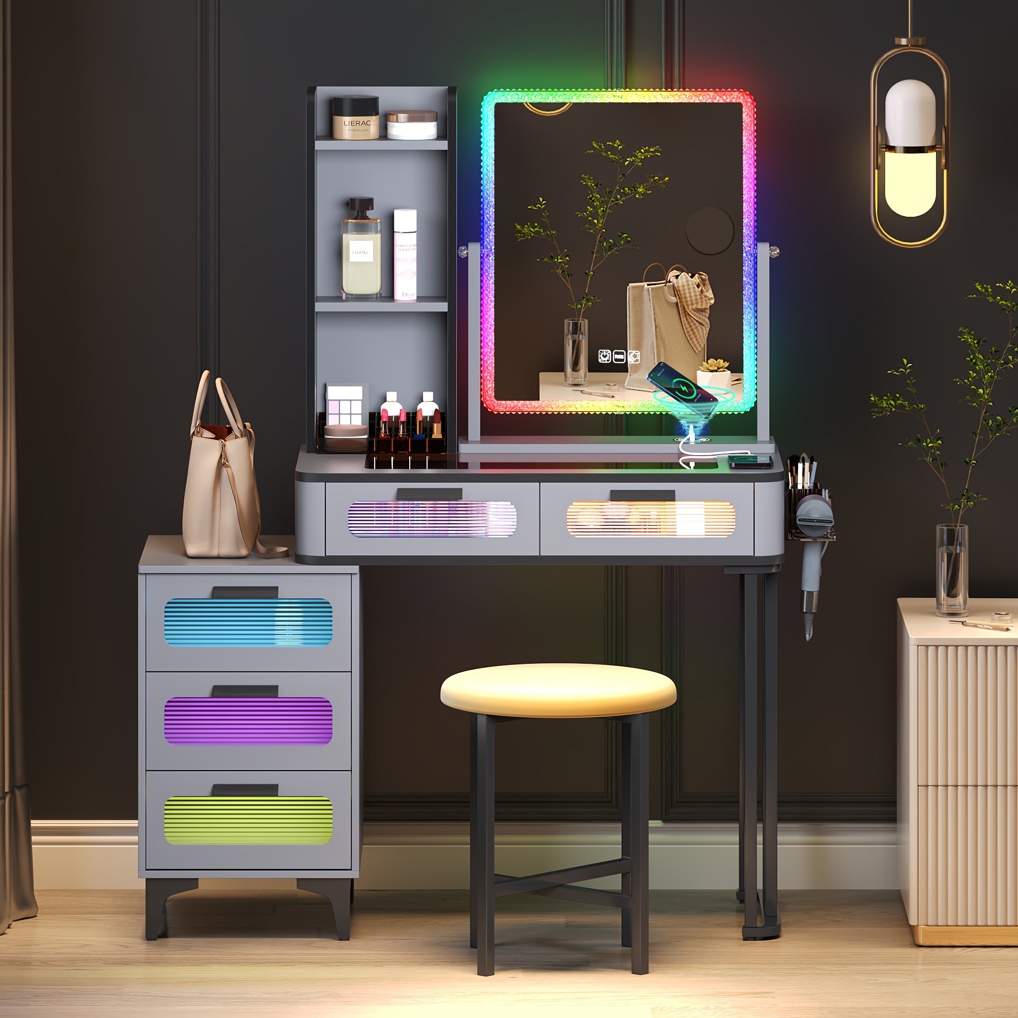 Grey Vanity Desk With Mirror & Lights, Glam Glass Top Makeup Desk With Hidden&Open Storage Shelves