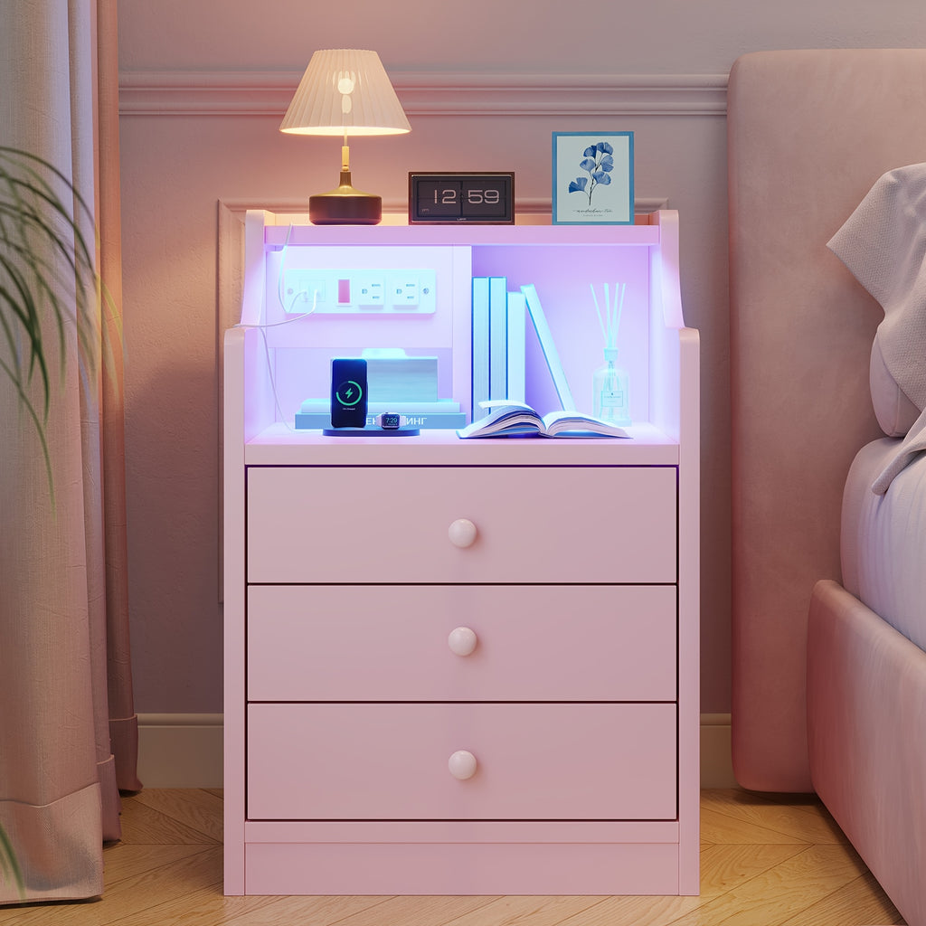 Three Drawer Pink Nightstand with Charging Station