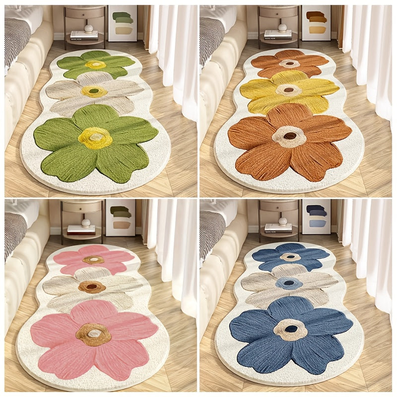 Luxury Soft Plush Mat - 10mm Navy Blue Beige Brown Floral Mat with Non-Slip Backing, Soft Fluffy Mat At The Bedside