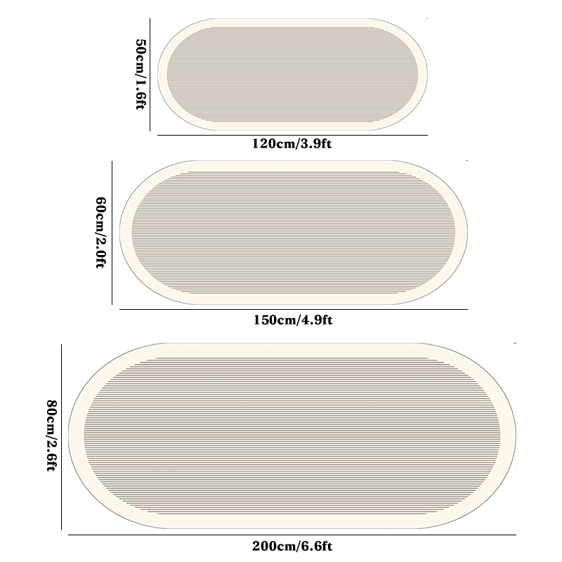 1pc 10mm Thick High-Quality Imitation Cashmere Oval Runner Mat - Cream Beige Modern Simple Line Printing